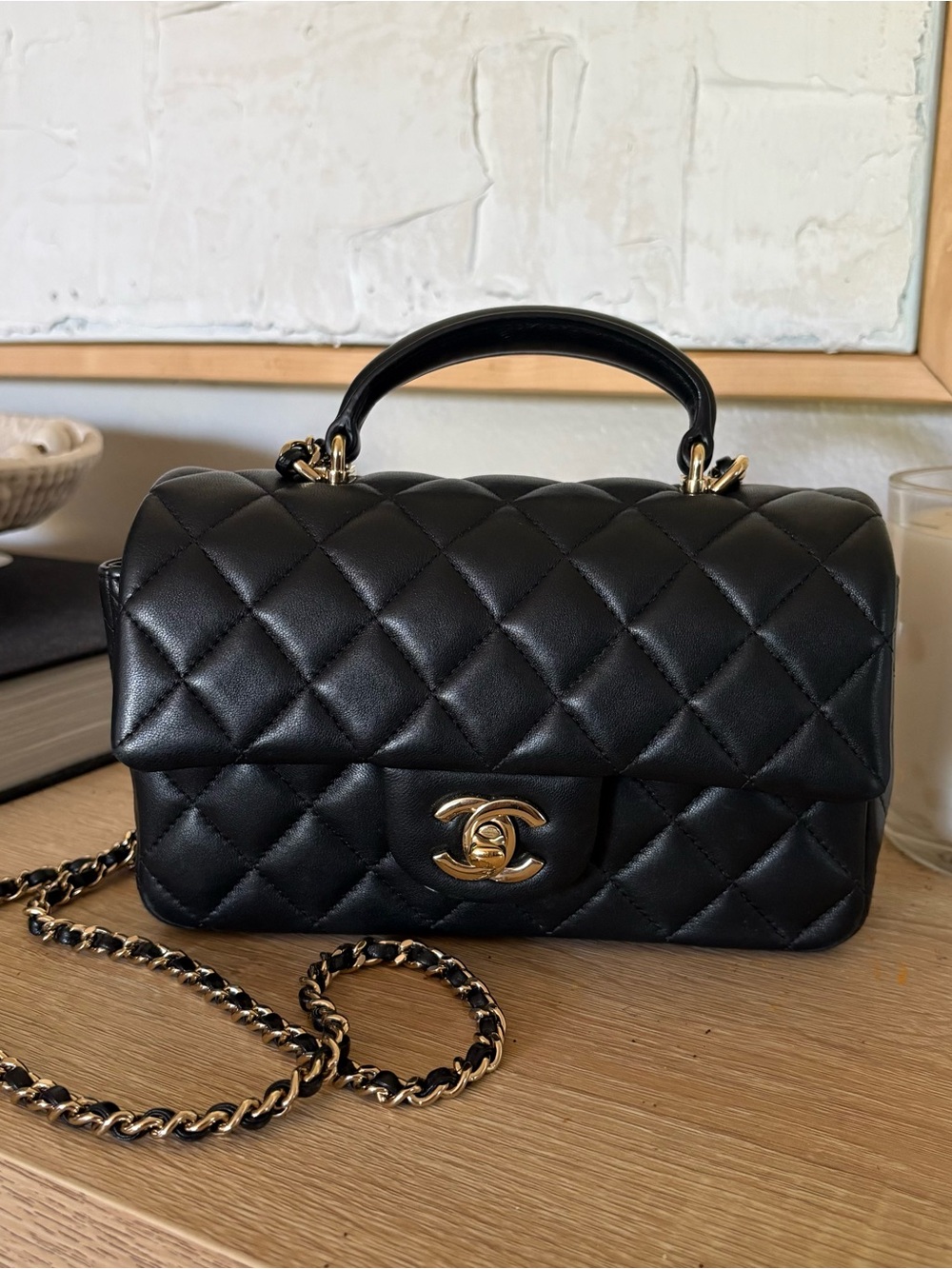 CHANEL Black Lambskin Mini Top Handle Bag Gold Hardware